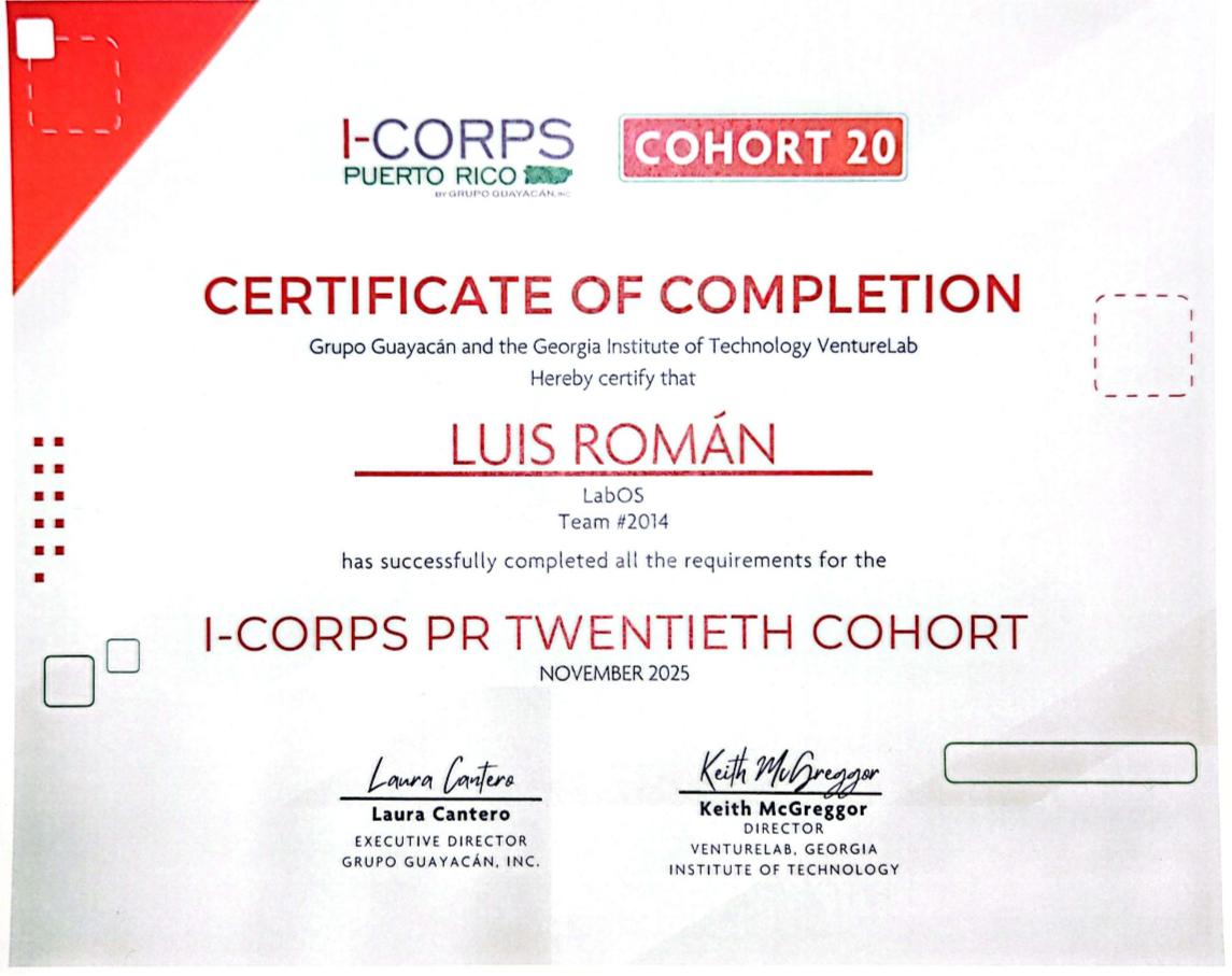 I-Corps program completion certificate